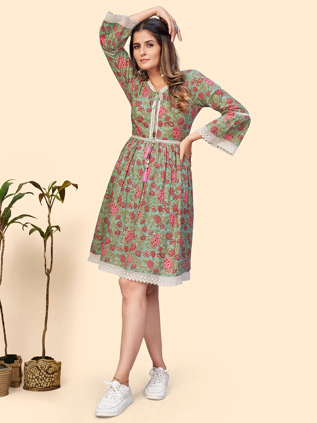 Women'S Floral Print Flared Cotton Sea Green Stitched Dress