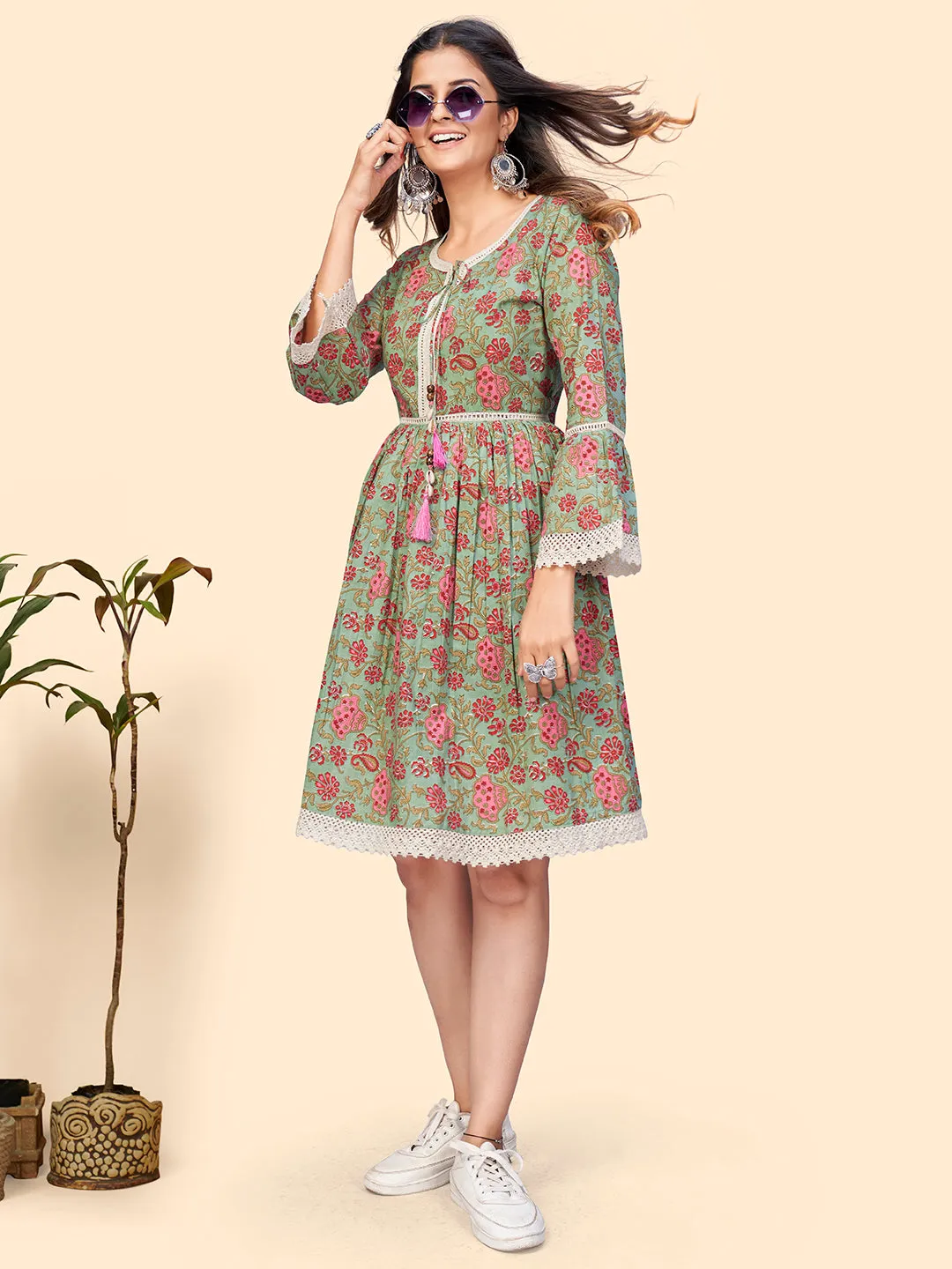 Women'S Floral Print Flared Cotton Sea Green Stitched Dress