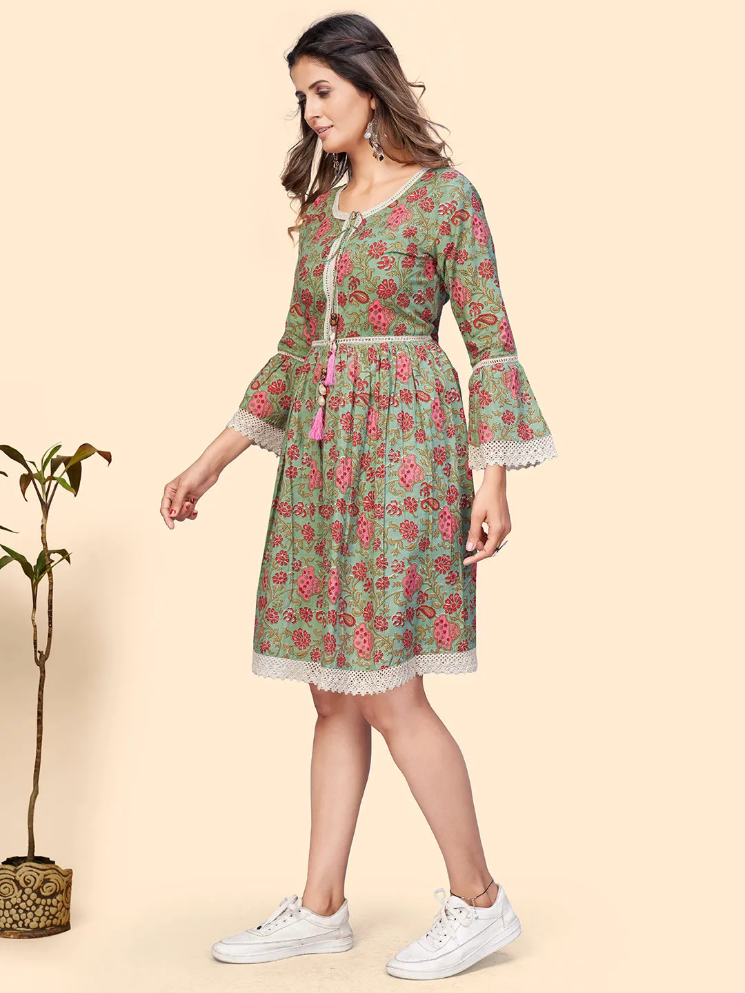 Women'S Floral Print Flared Cotton Sea Green Stitched Dress