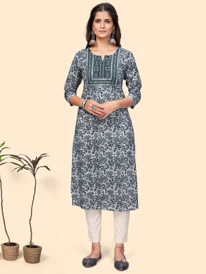 Women'S Print & Embroidered Straight Cotton Grey Stitched Kurta