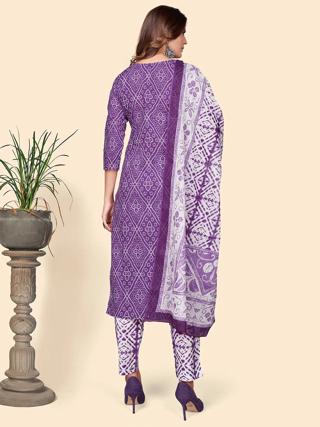 Women'S Print & Embroidered Straight Cotton Lavender Stitched Kurta Pant With Dupatta