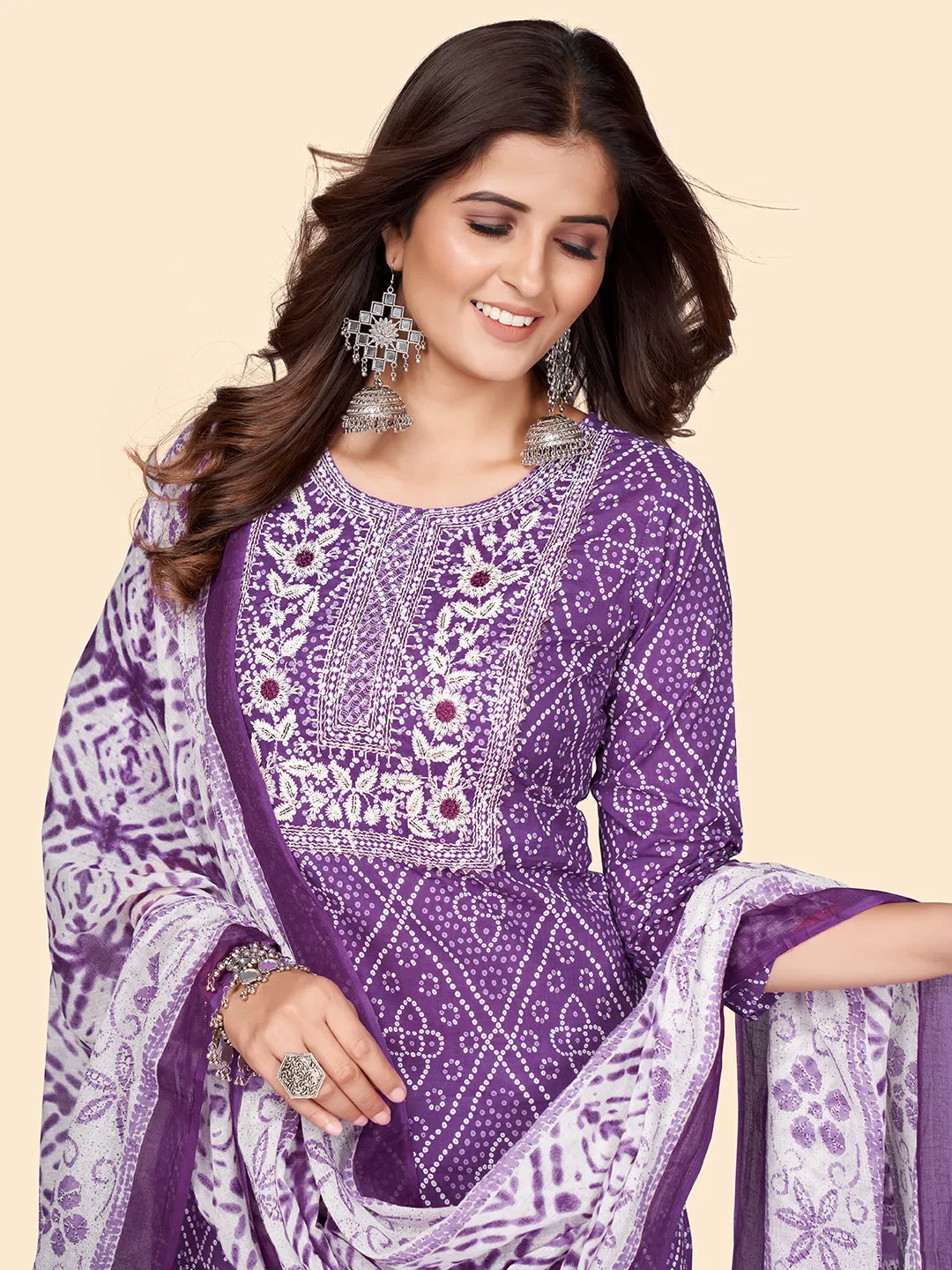 Women'S Print & Embroidered Straight Cotton Lavender Stitched Kurta Pant With Dupatta