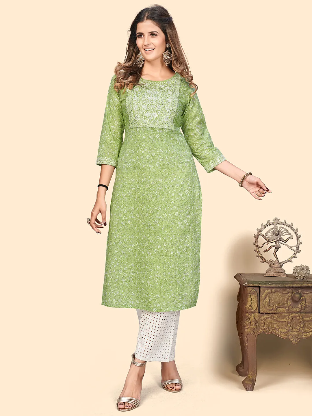 Women'S Print & Sequience Straight Cotton Pista Stitched Kurta