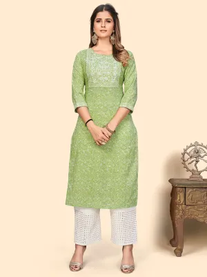 Women'S Print & Sequience Straight Cotton Pista Stitched Kurta