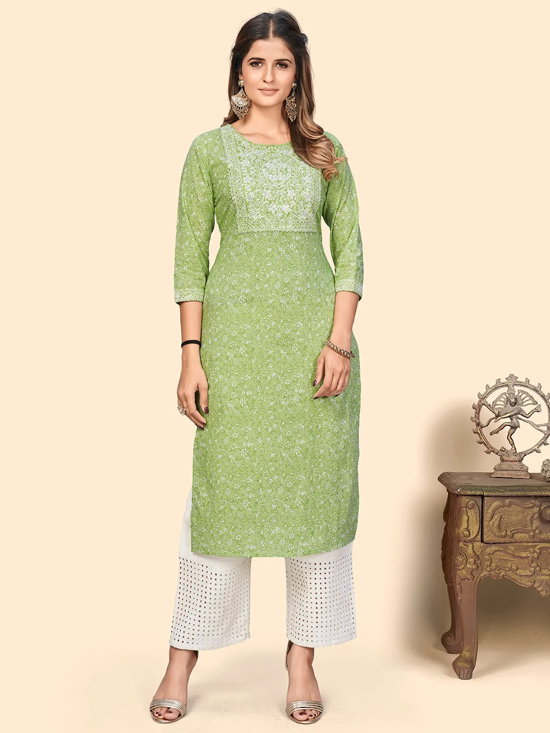 Women'S Print & Sequience Straight Cotton Pista Stitched Kurta