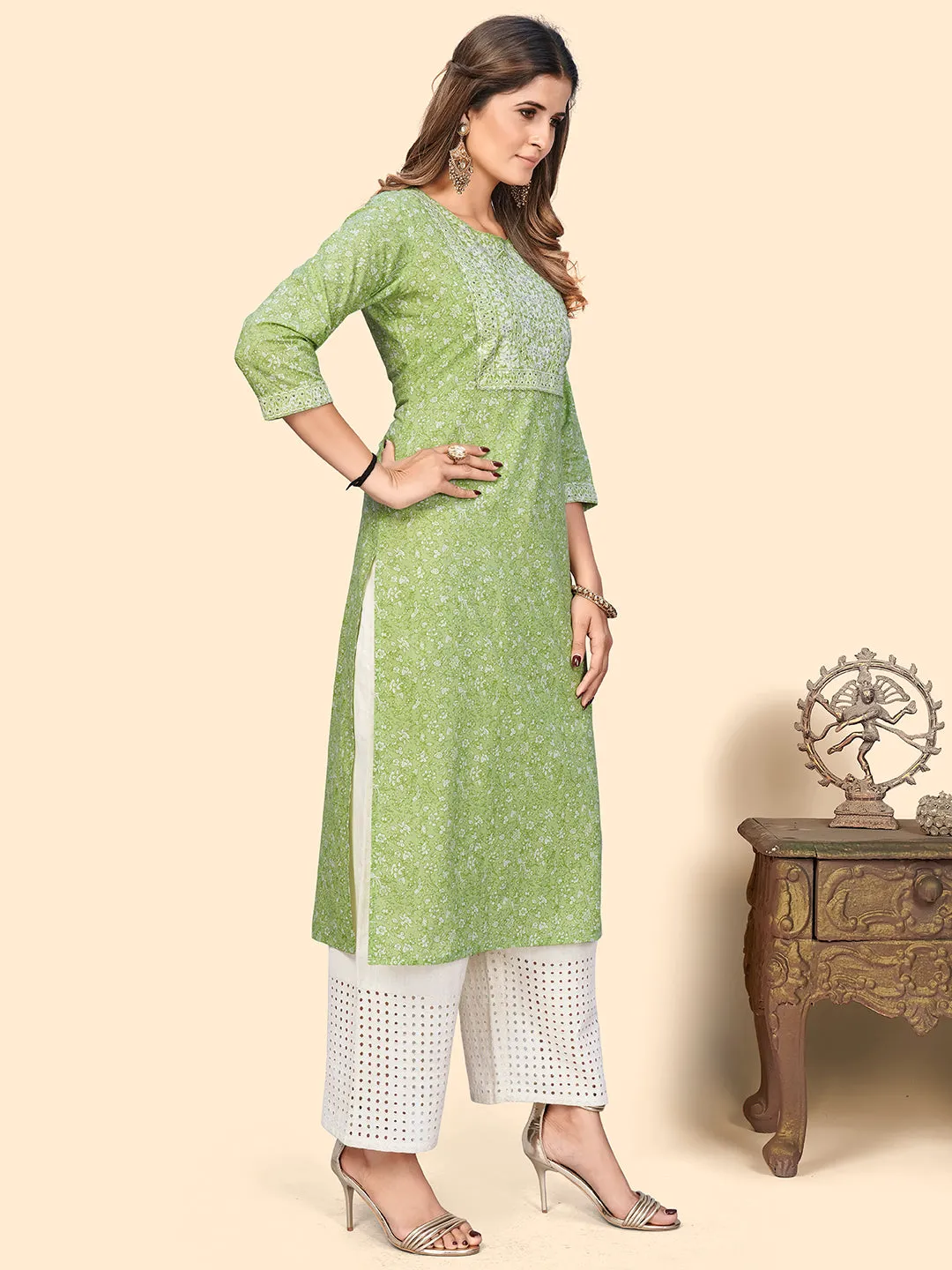 Women'S Print & Sequience Straight Cotton Pista Stitched Kurta