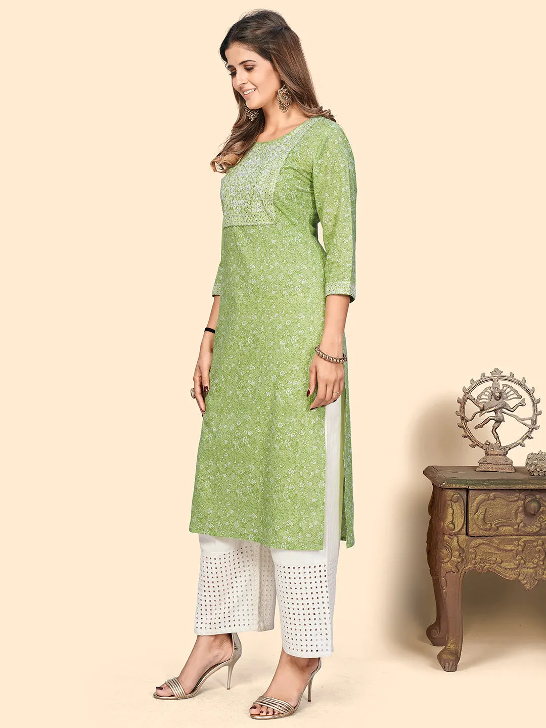 Women'S Print & Sequience Straight Cotton Pista Stitched Kurta