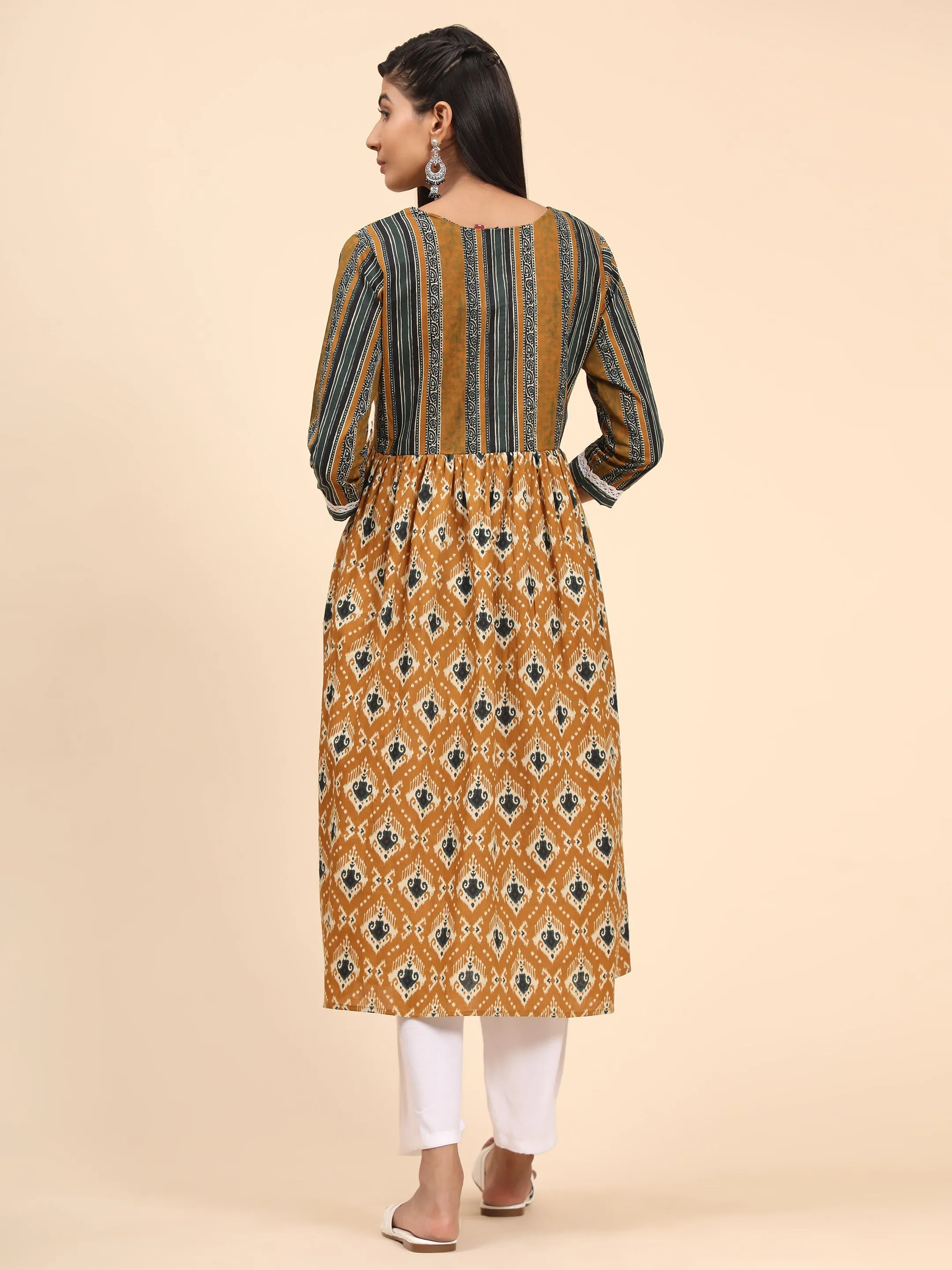 Women'S Printed A-Line Cotton Mustard  Stitched Kurta