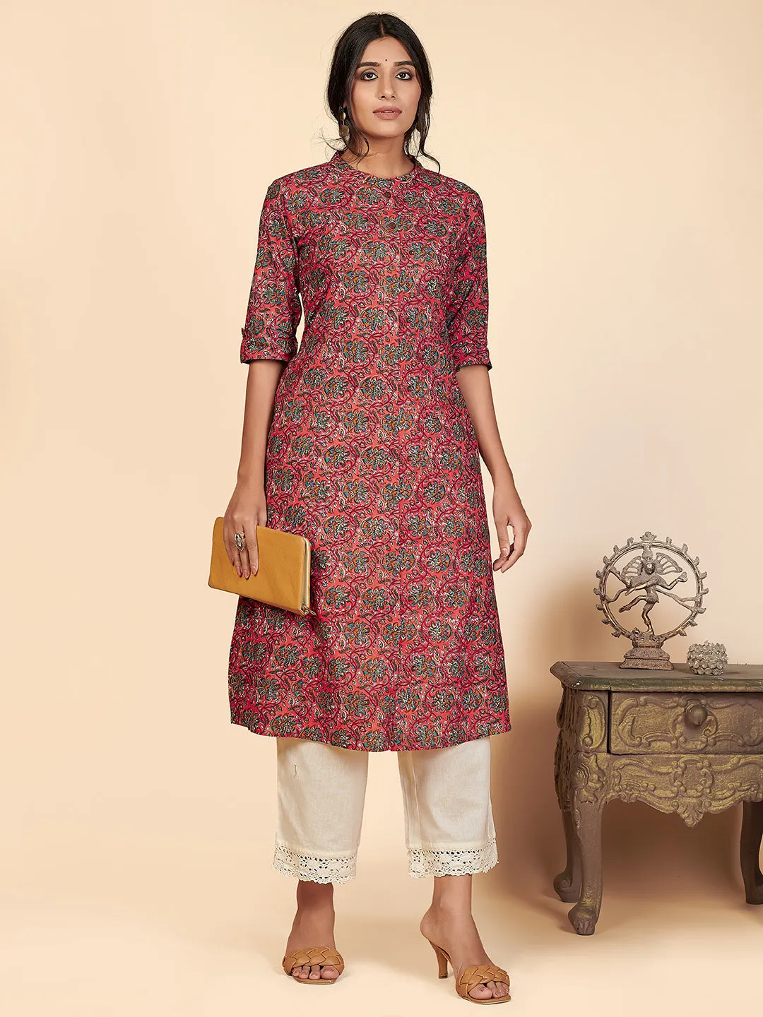 Women'S Printed A-Line Cotton Pink Stitched Kurta With Multiple Slit