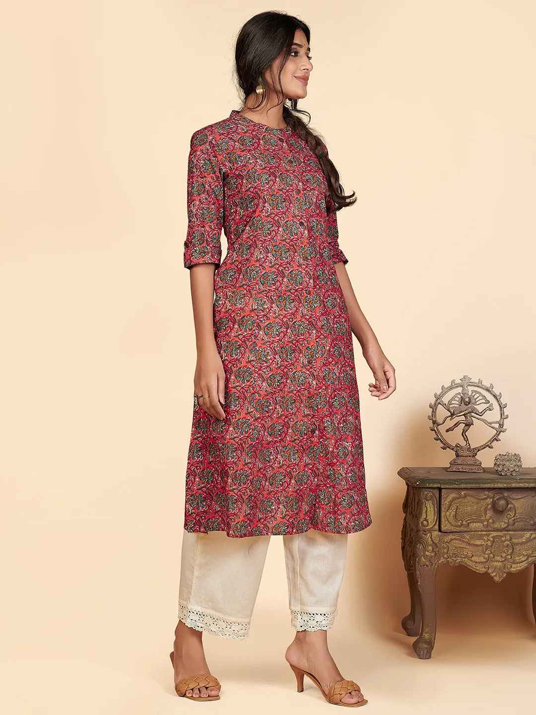 Women'S Printed A-Line Cotton Pink Stitched Kurta With Multiple Slit