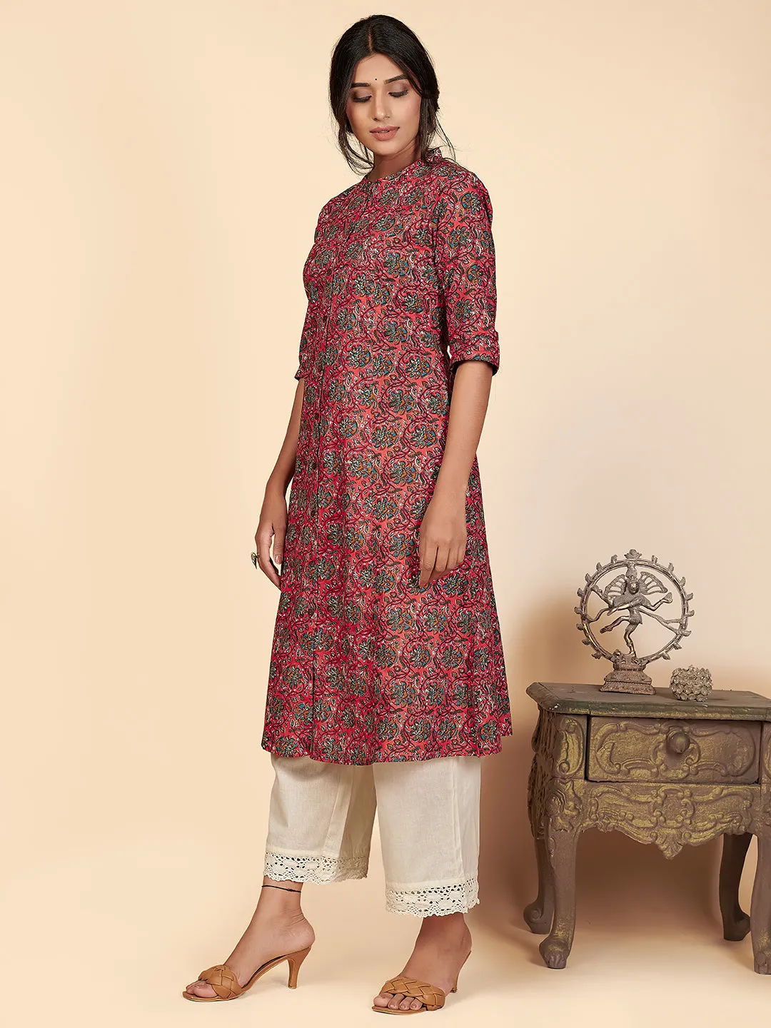 Women'S Printed A-Line Cotton Pink Stitched Kurta With Multiple Slit