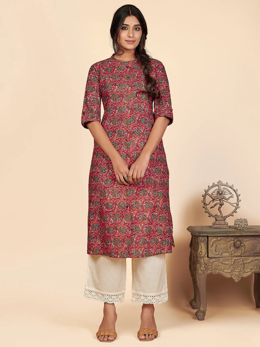 Women'S Printed A-Line Cotton Pink Stitched Kurta With Multiple Slit