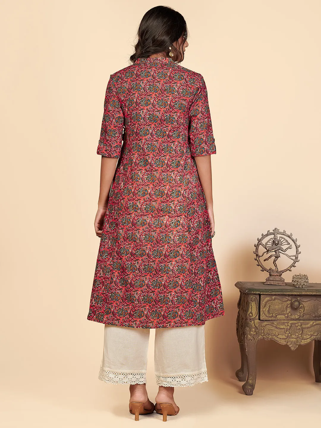 Women'S Printed A-Line Cotton Pink Stitched Kurta With Multiple Slit