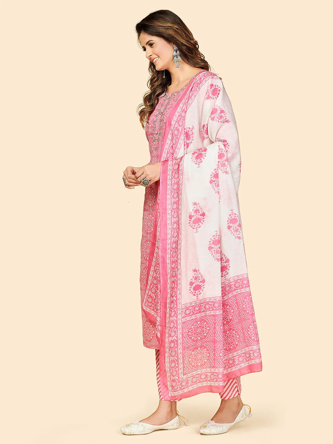 Women'S Printed & Embroidered Straight Cotton Light Pink Stitched Kurta Pant With Dupatta