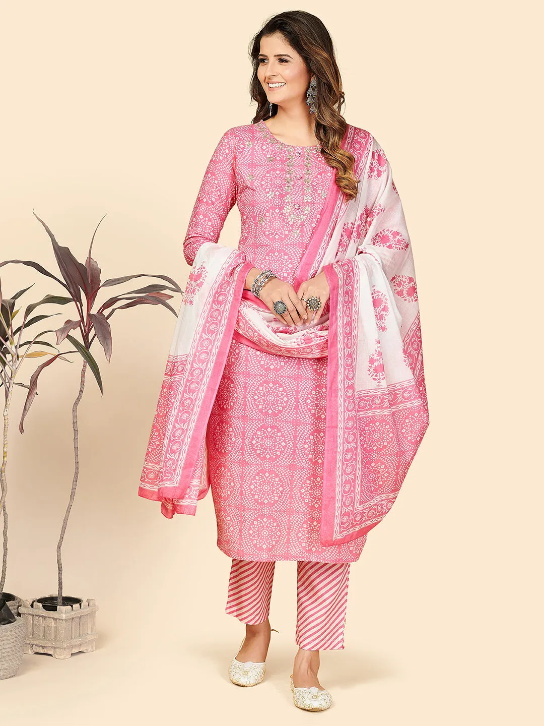 Women'S Printed & Embroidered Straight Cotton Light Pink Stitched Kurta Pant With Dupatta