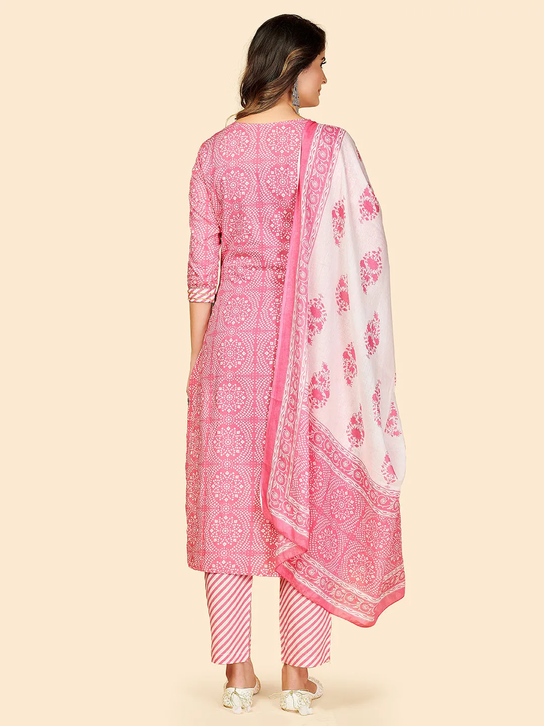 Women'S Printed & Embroidered Straight Cotton Light Pink Stitched Kurta Pant With Dupatta