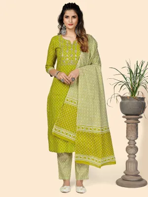 Women'S Printed & Embroidered Straight Cotton Parrot Green Stitched Kurta Pant With Dupatta