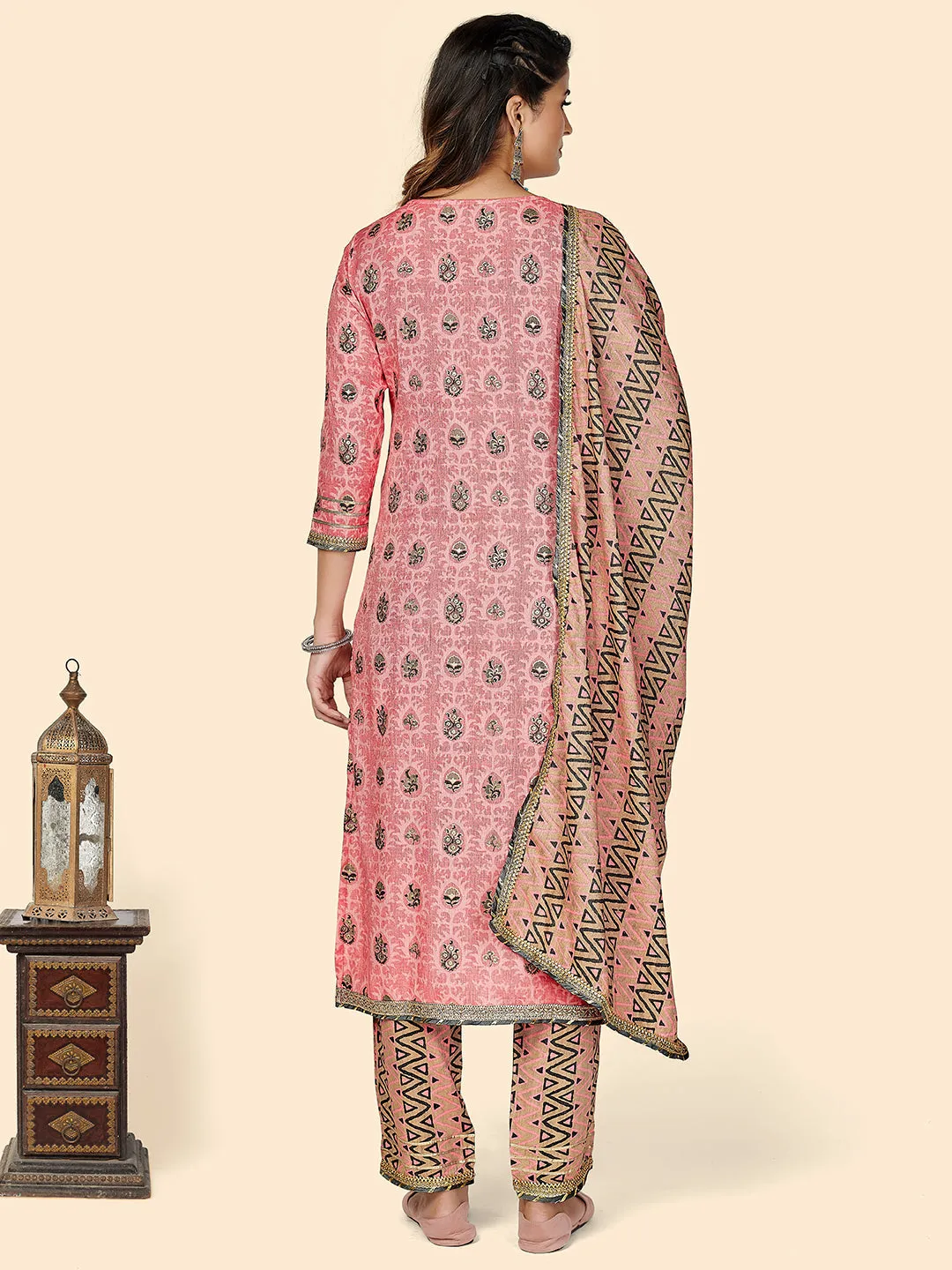 Women'S Printed & Gota Patti Work Straight Rayon Light Pink Stitched Kurta Pant With Dupatta