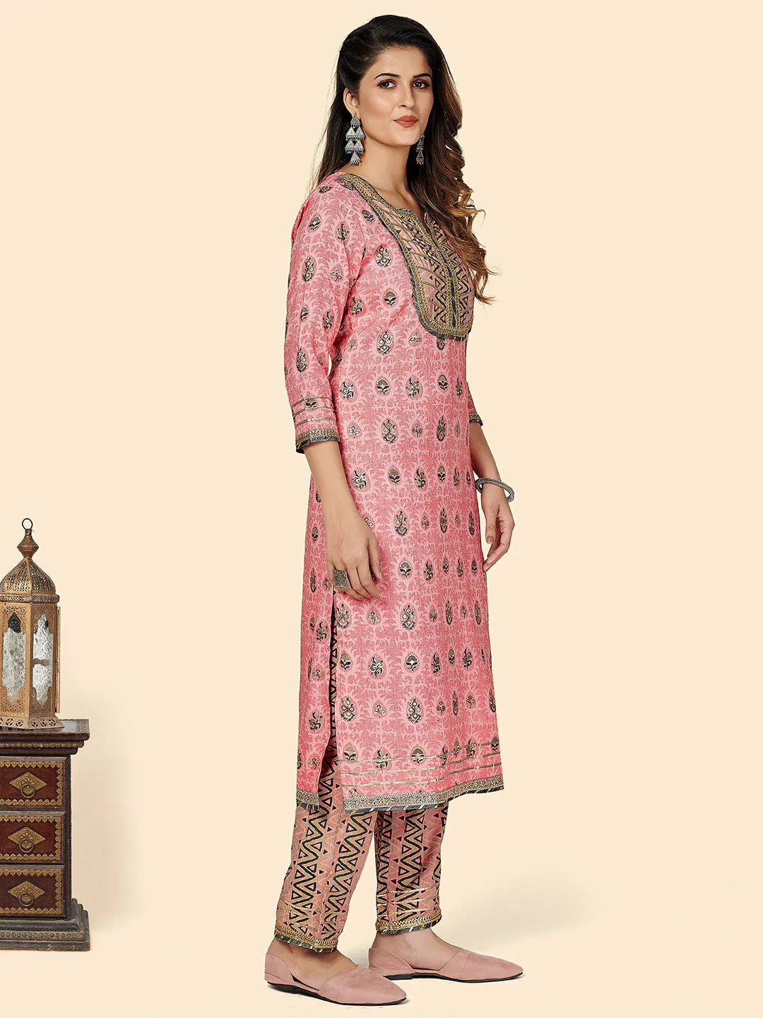 Women'S Printed & Gota Patti Work Straight Rayon Light Pink Stitched Kurta Pant With Dupatta