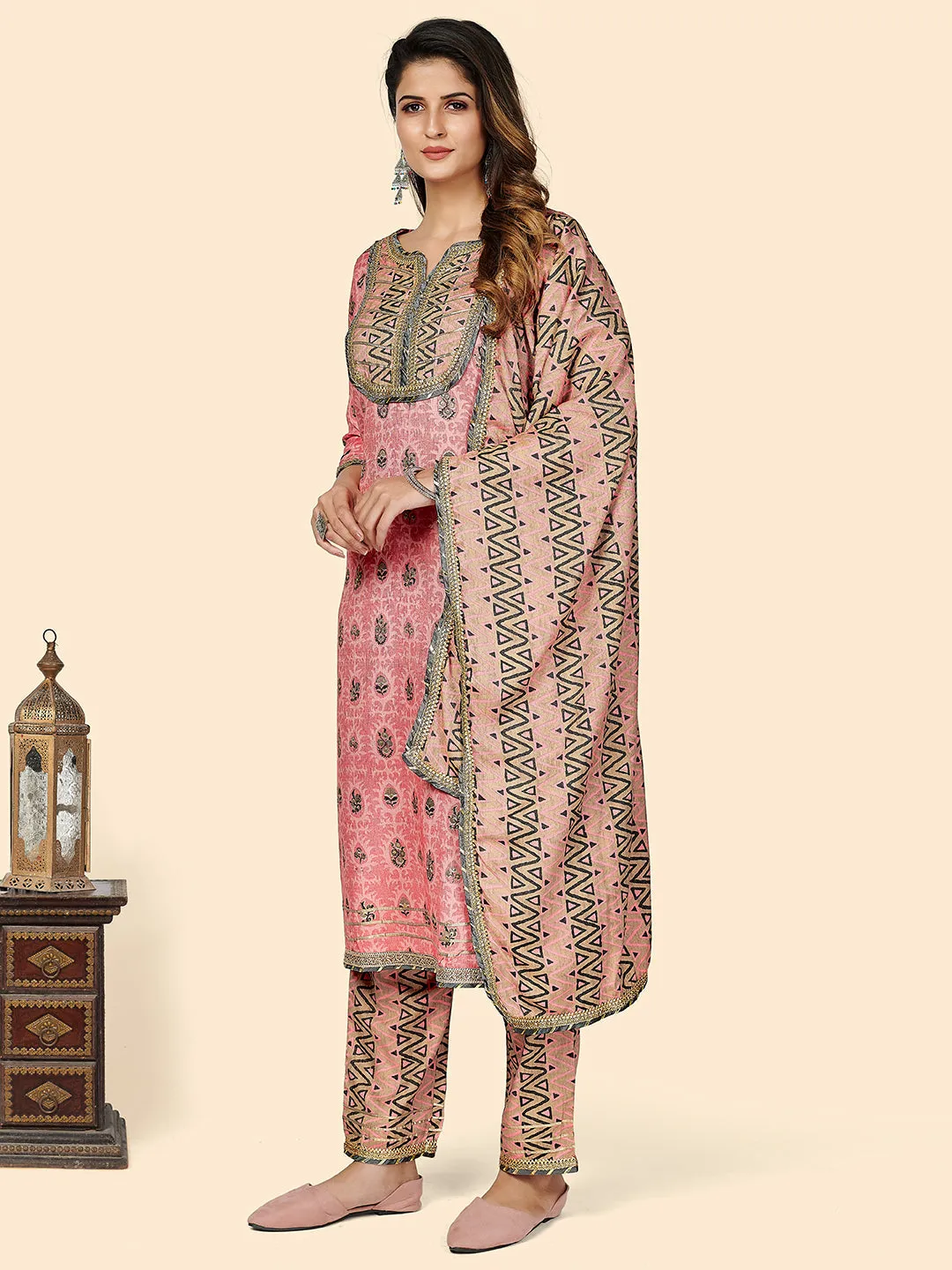 Women'S Printed & Gota Patti Work Straight Rayon Light Pink Stitched Kurta Pant With Dupatta