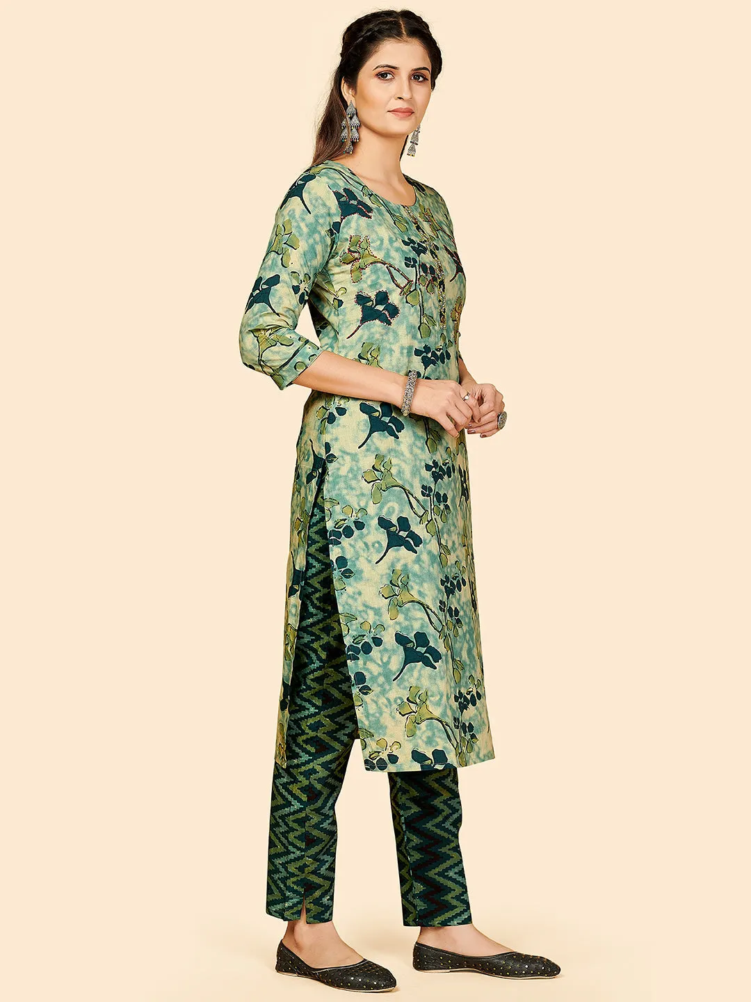 Women'S Printed & Hand Work Straight Cotton Beige Stitched Kurta With Pant