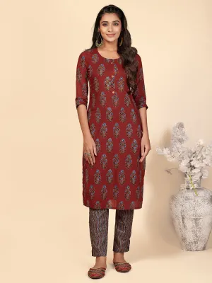 Women'S Printed & Hand Work Straight Cotton Maroon Stitched Kurta With Pant