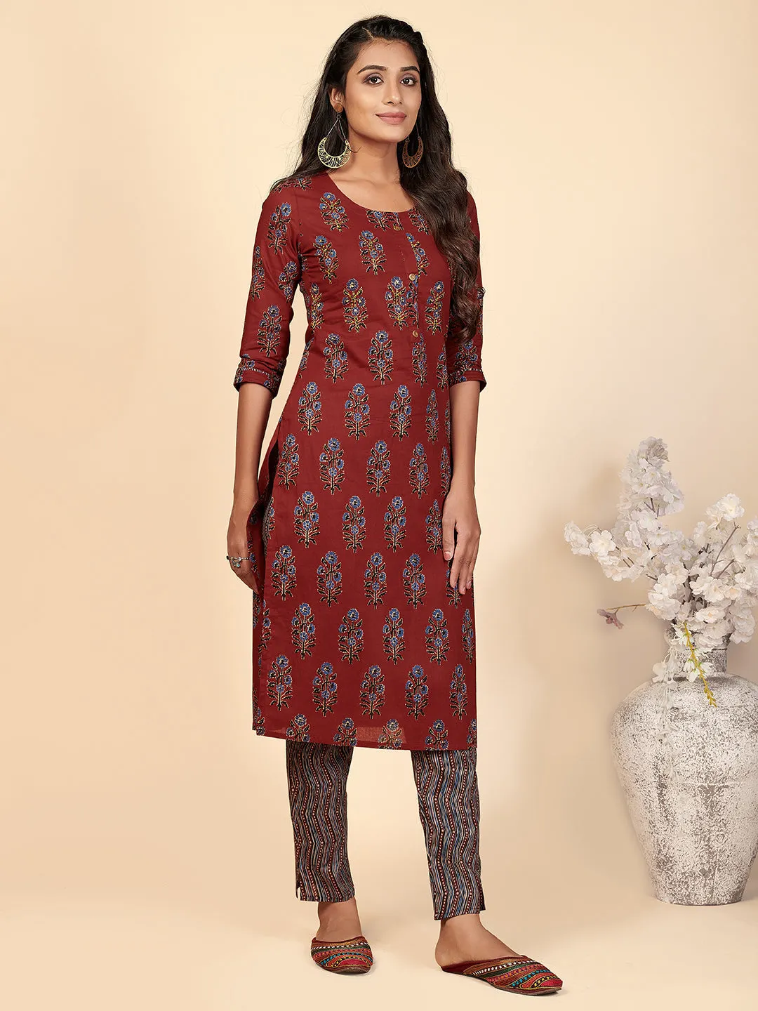 Women'S Printed & Hand Work Straight Cotton Maroon Stitched Kurta With Pant