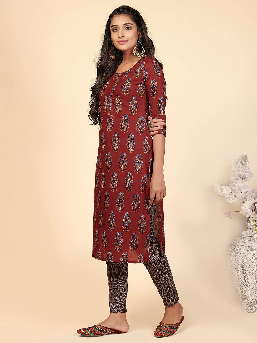 Women'S Printed & Hand Work Straight Cotton Maroon Stitched Kurta With Pant