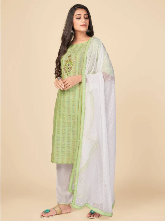 Women'S Printed & Hand Work Straight Cotton Parrot Green Kurta Pant With Dupatta (3Pcs Set)