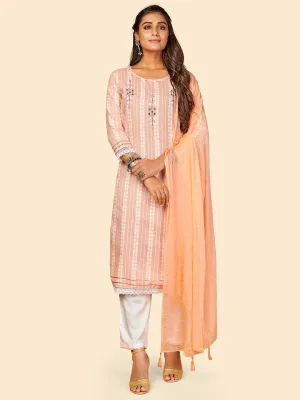 Women'S Printed & Hand Work Straight Yarn Dyed Orange Stitched Kurta Pant With Dupatta