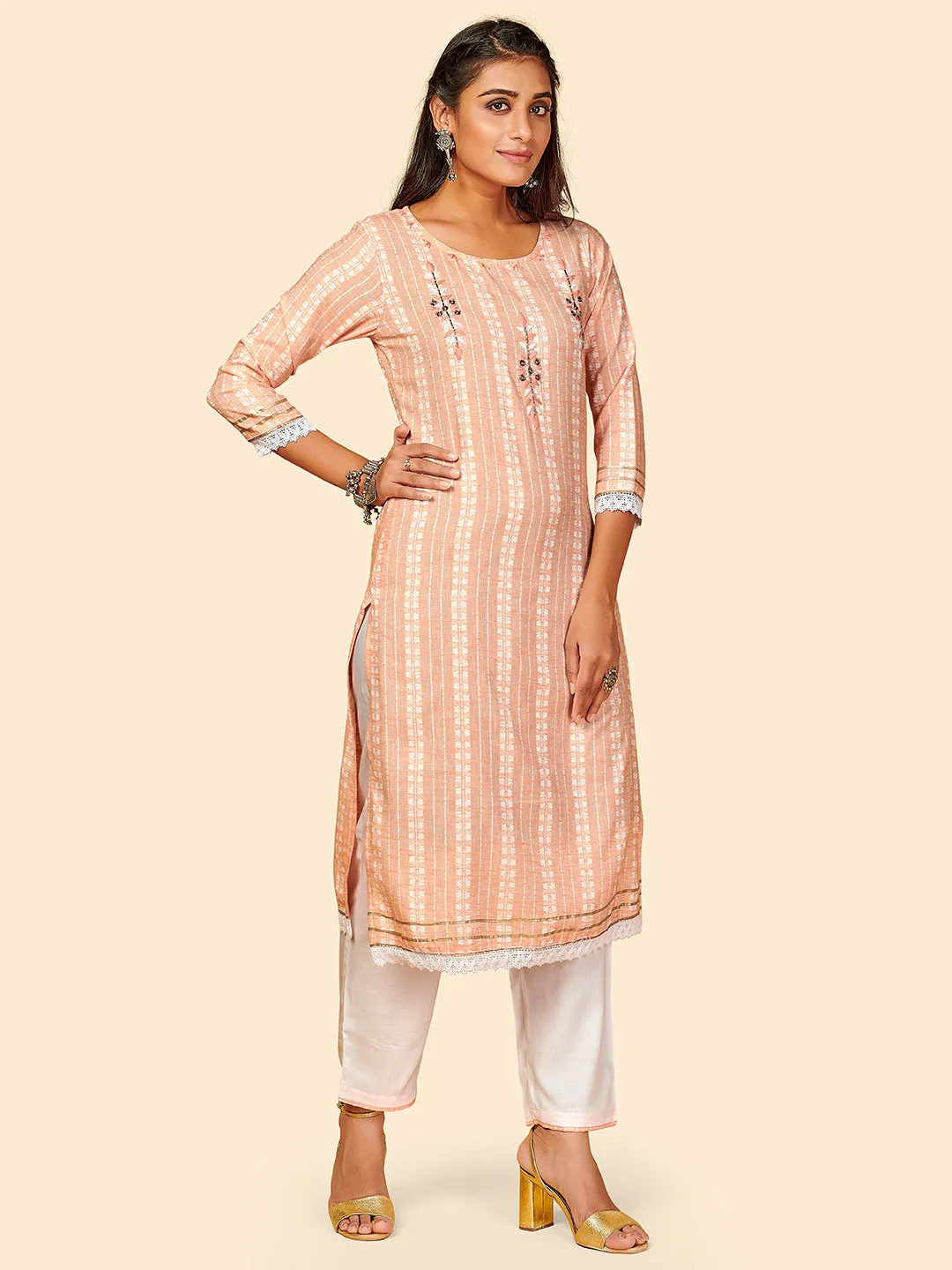 Women'S Printed & Hand Work Straight Yarn Dyed Orange Stitched Kurta Pant With Dupatta