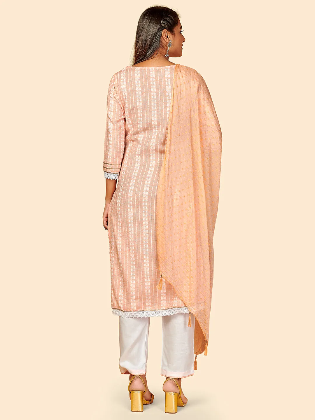 Women'S Printed & Hand Work Straight Yarn Dyed Orange Stitched Kurta Pant With Dupatta