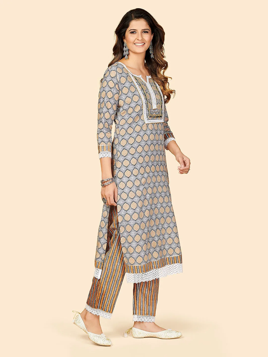 Women'S Printed & Lace Work Straight Cotton Grey Stitched Kurta Pant With Dupatta