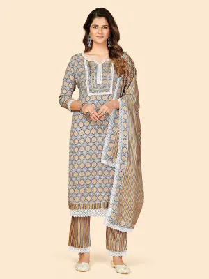 Women'S Printed & Lace Work Straight Cotton Grey Stitched Kurta Pant With Dupatta