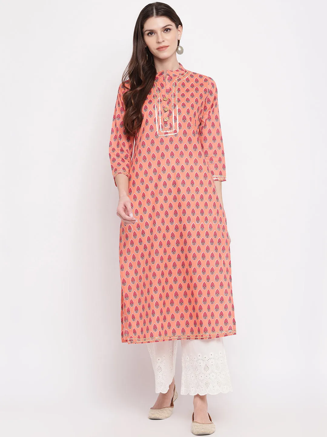 Women'S Printed, Lace Work Straight Cotton Light Orange Kurti