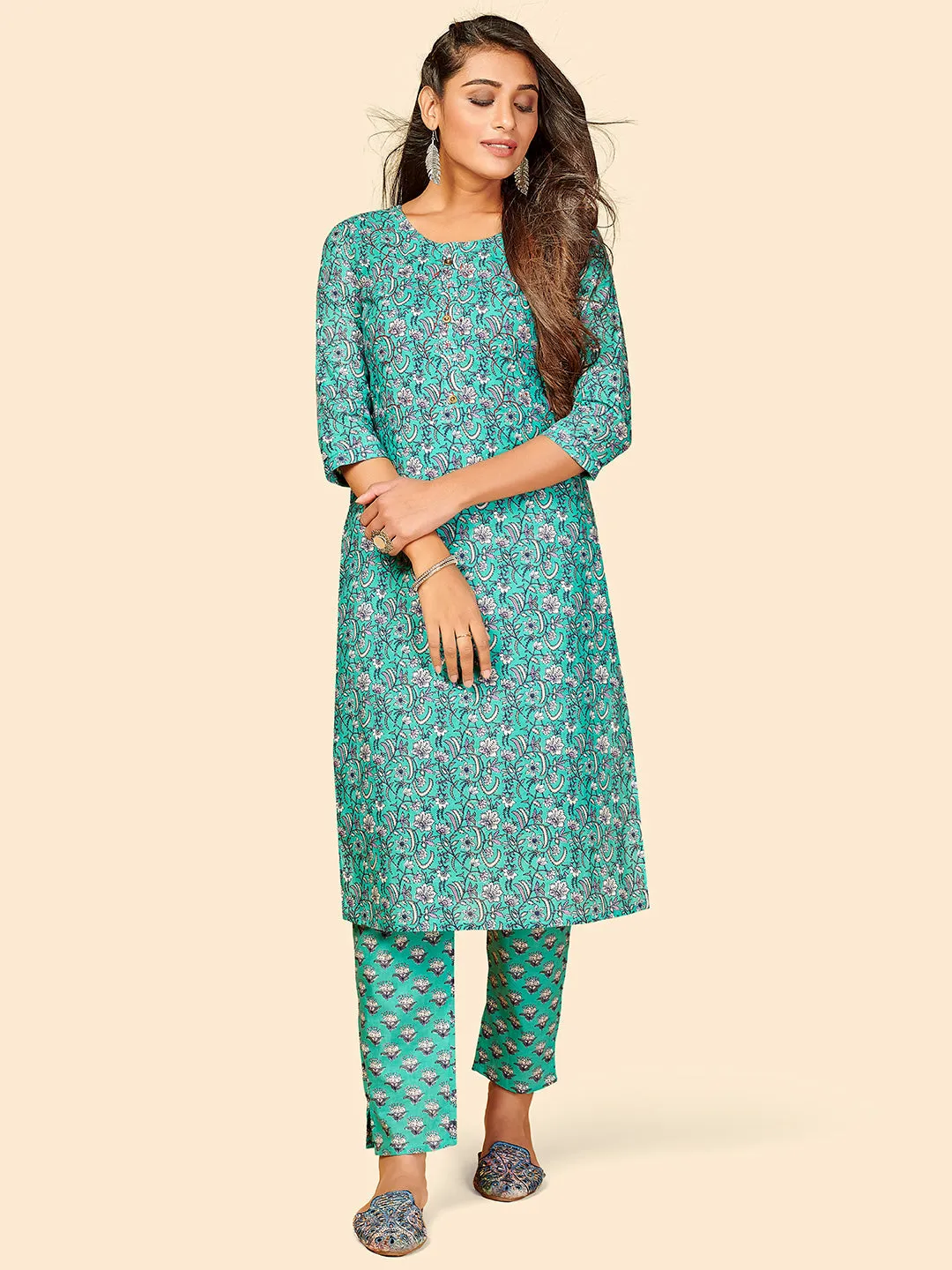 Women'S Printed Straight Cotton Turquoise Stitched Kurta With Pant