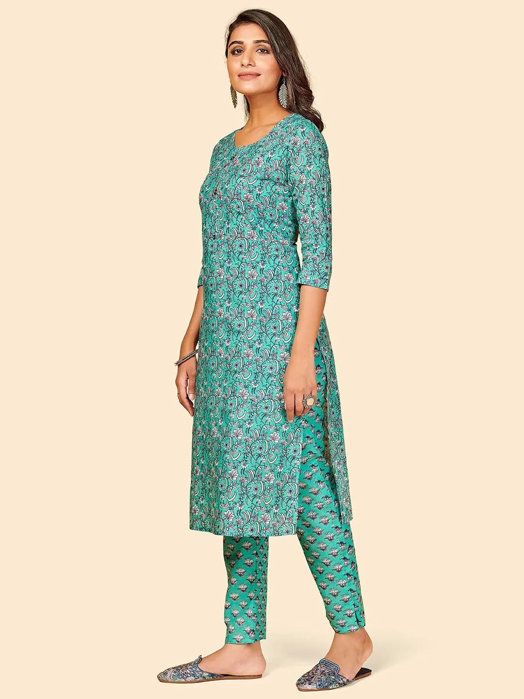 Women'S Printed Straight Cotton Turquoise Stitched Kurta With Pant