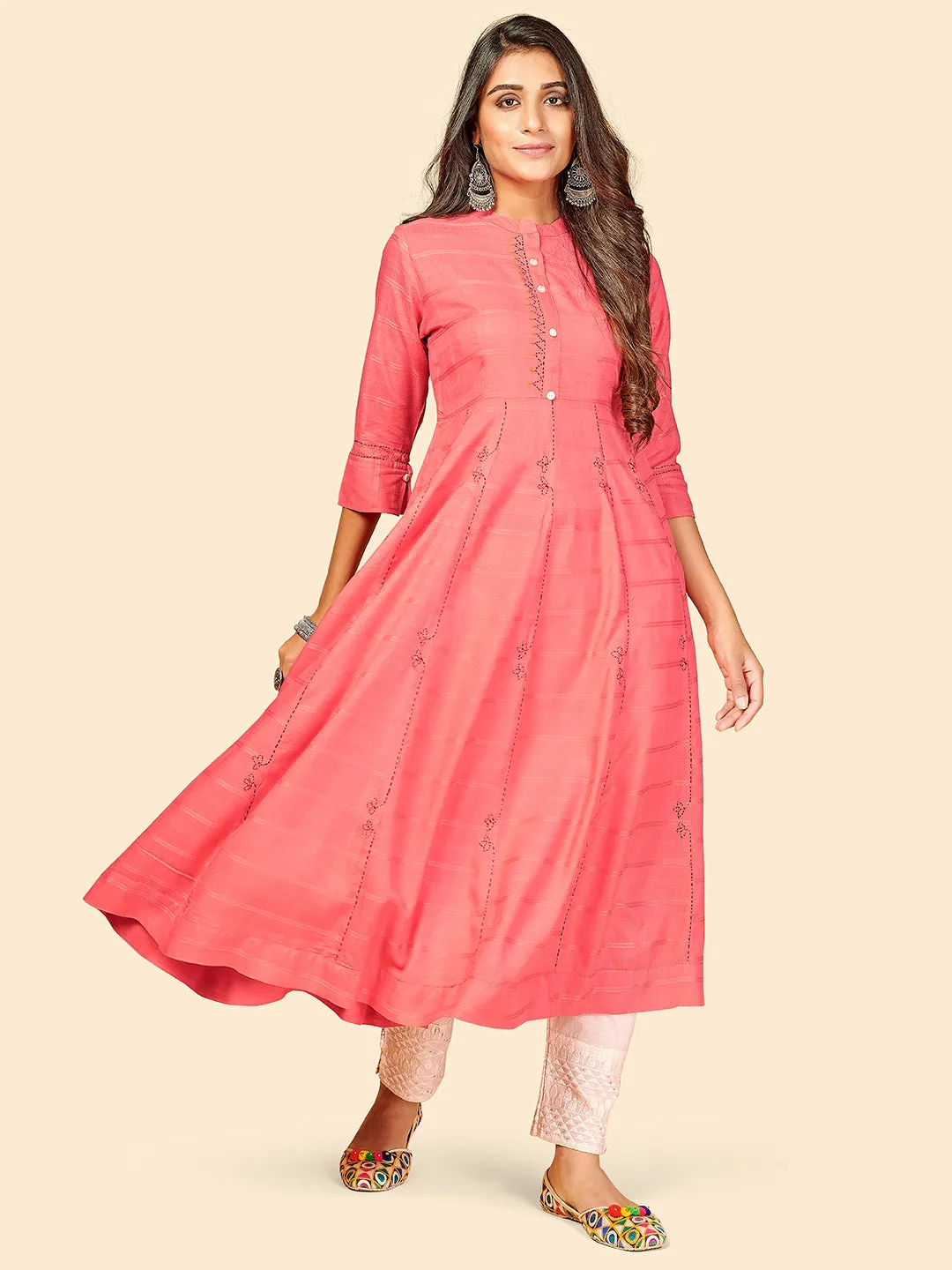 Women'S Solid & Embroidered Anarkali Pink Stitched Kurta