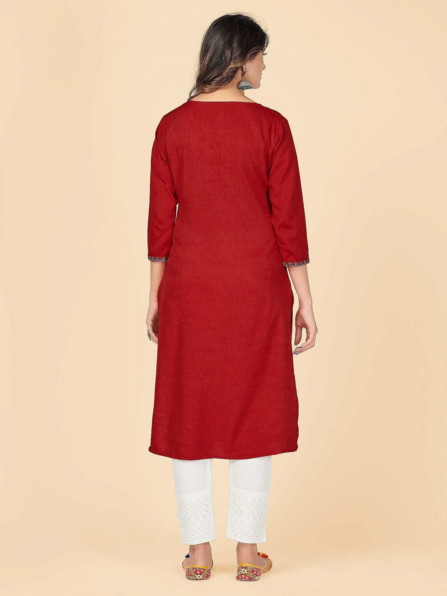 Women'S Solid & Embroidered Straight Rayon Red Stitched Kurta