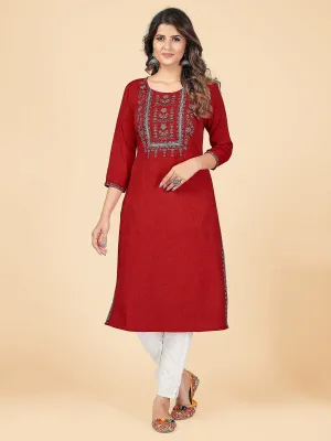 Women'S Solid & Embroidered Straight Rayon Red Stitched Kurta