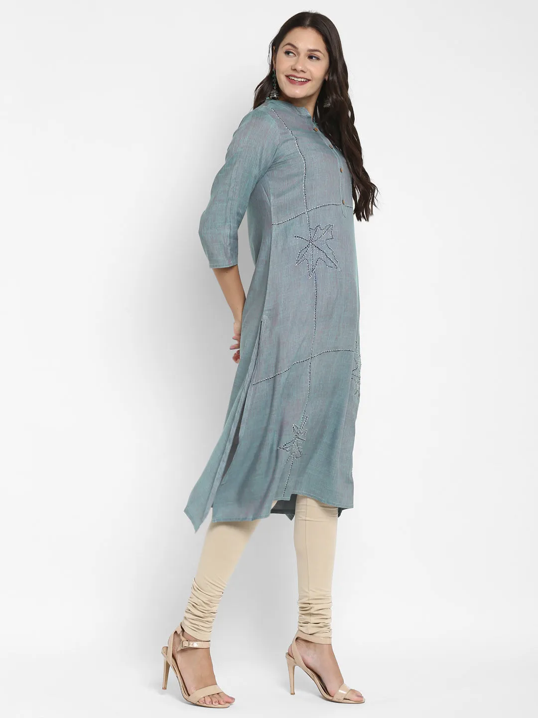 Women'S Solid & Hand Work Straight Rayon Aqua Kurta