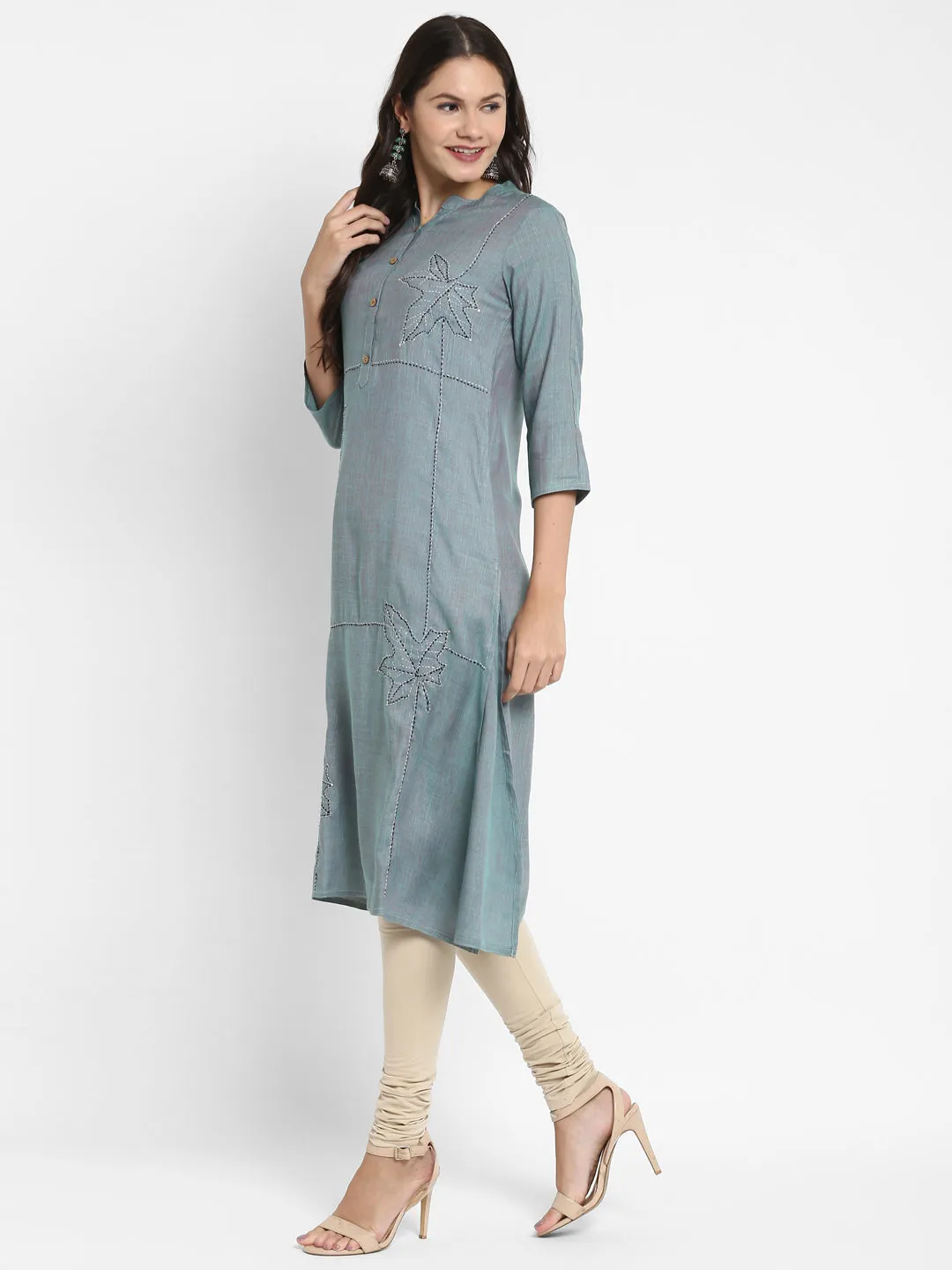 Women'S Solid & Hand Work Straight Rayon Aqua Kurta