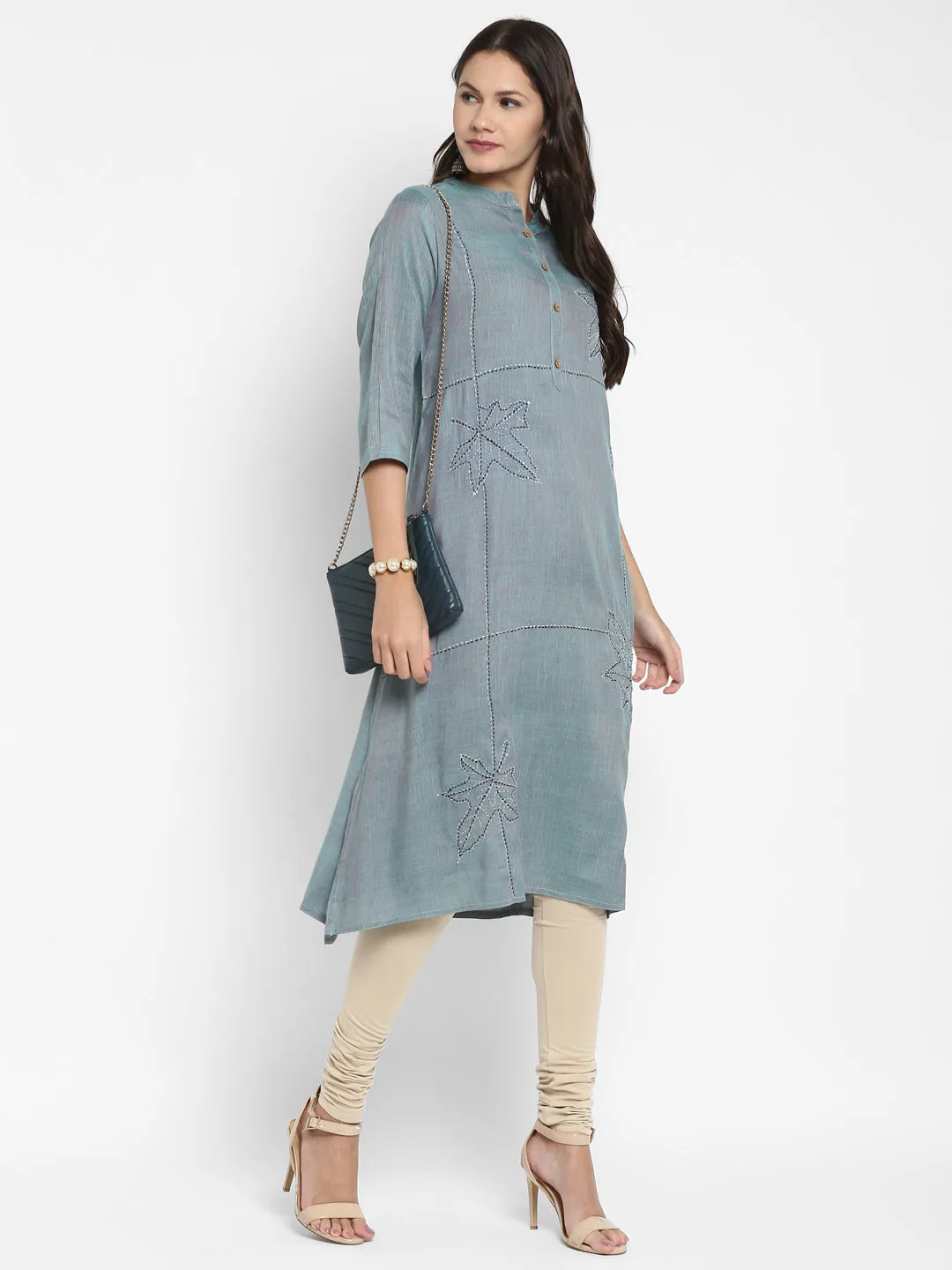 Women'S Solid & Hand Work Straight Rayon Aqua Kurta