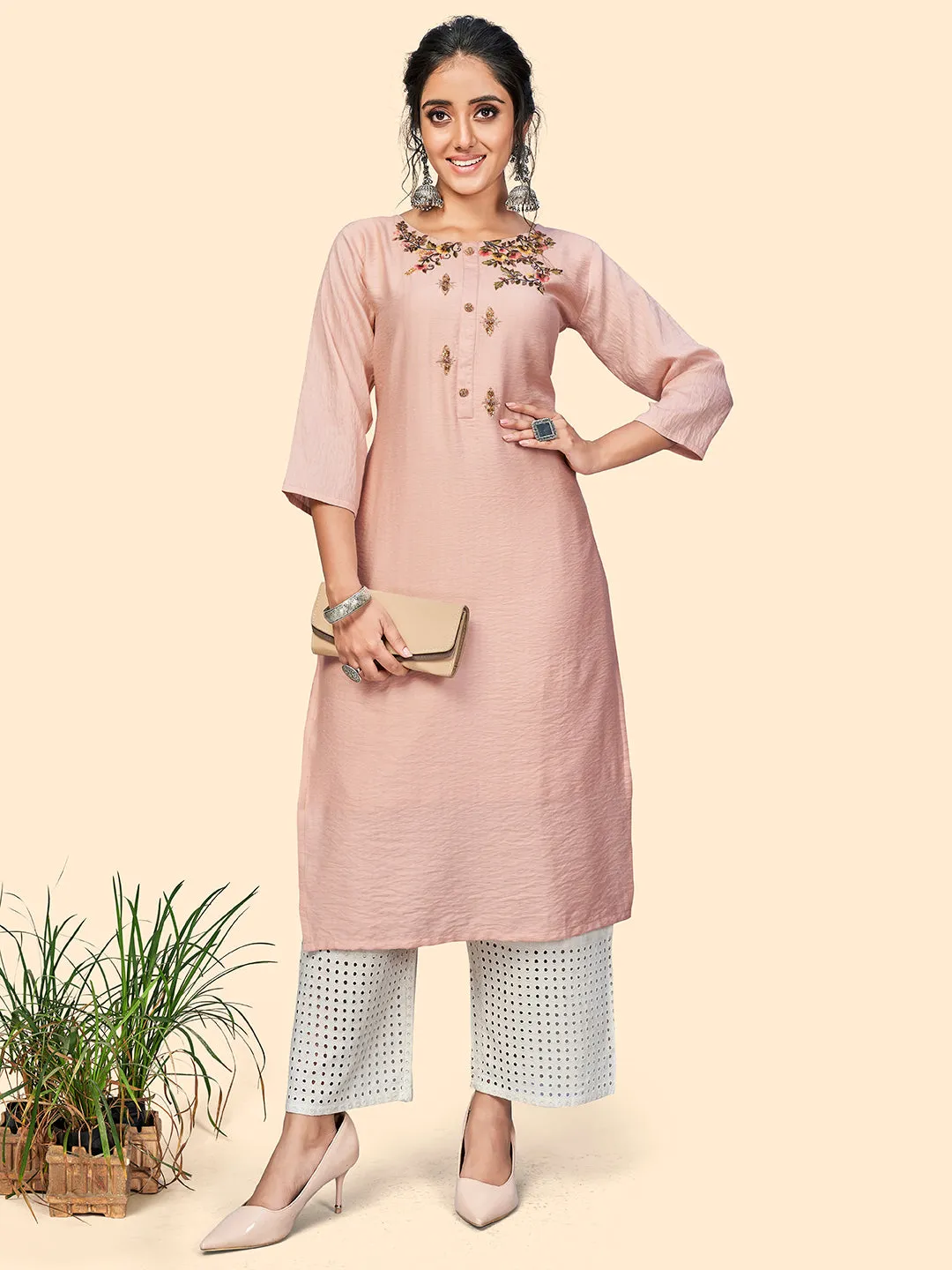 Women'S Viscose Hand Work Straight Stitched Kurta