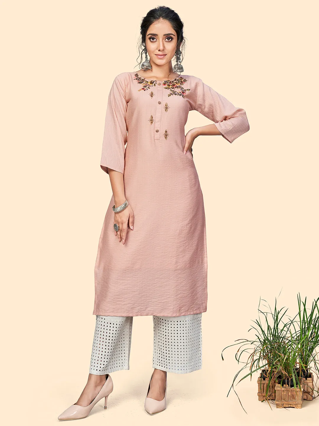 Women'S Viscose Hand Work Straight Stitched Kurta