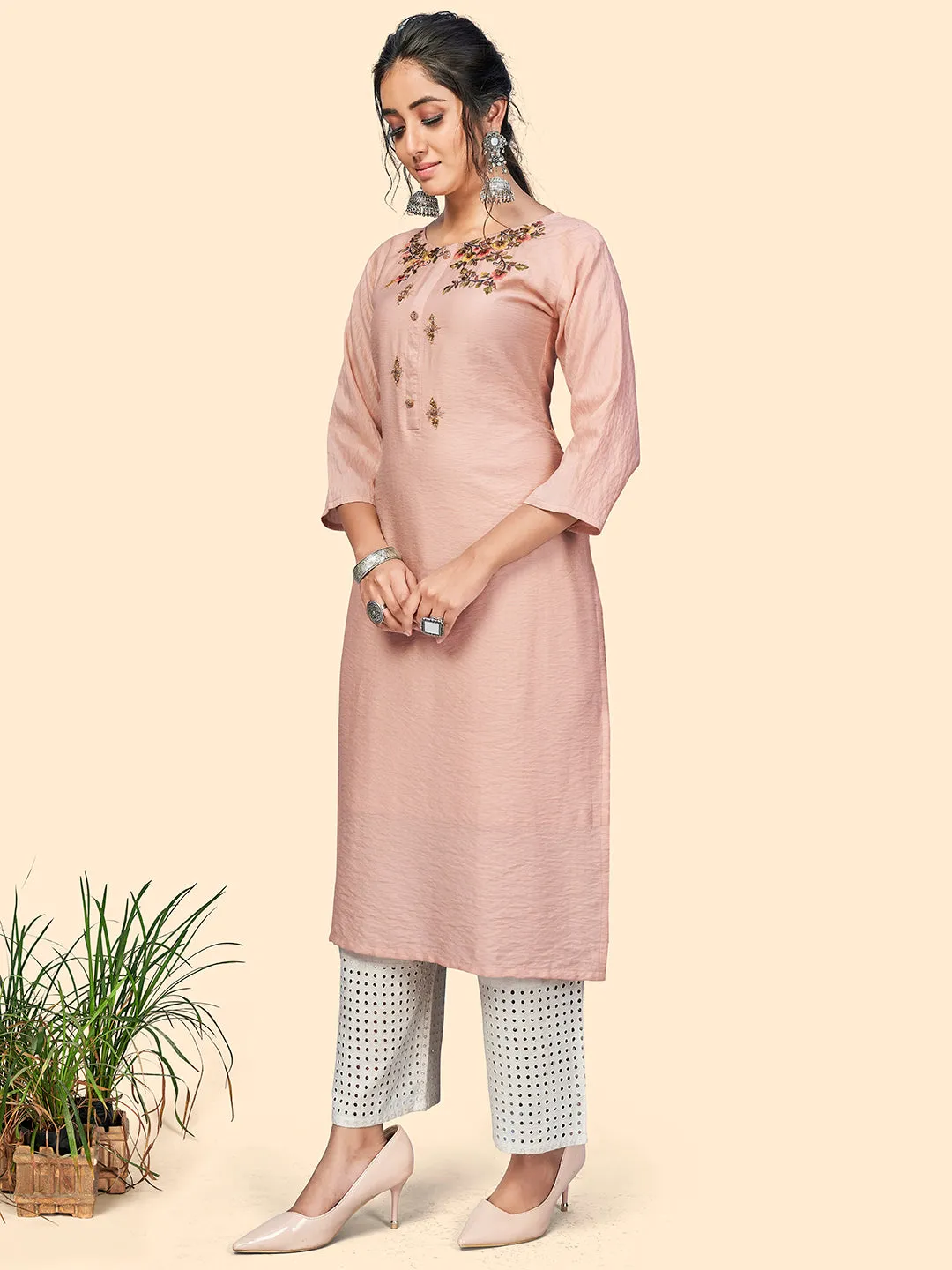 Women'S Viscose Hand Work Straight Stitched Kurta