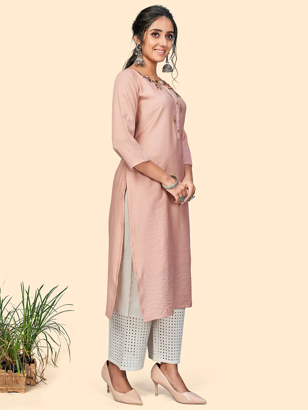 Women'S Viscose Hand Work Straight Stitched Kurta