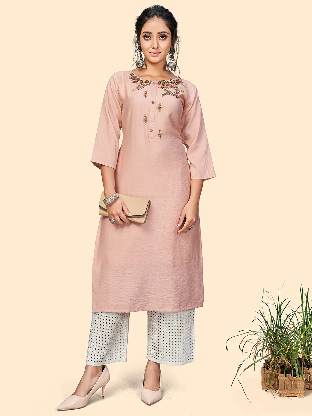 Women'S Viscose Hand Work Straight Stitched Kurta